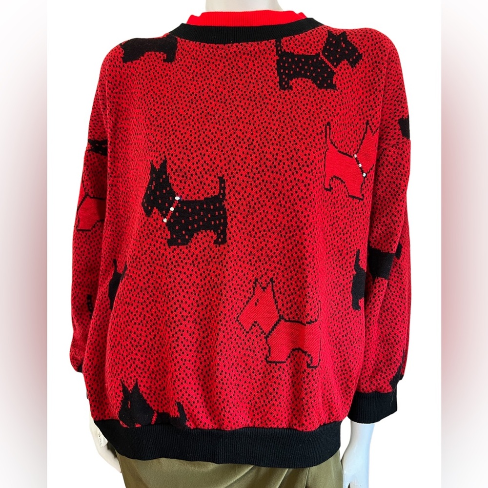 Vintage Red With Scottish Terriers 80's Sweater by Leigh Karmitz for Periphery